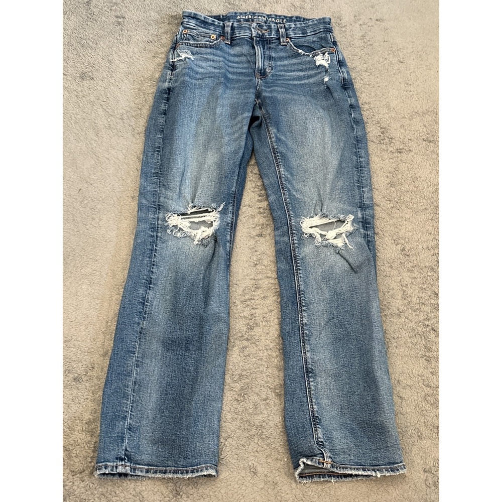 American Eagle Jeans Womens 2R Curvy Straight Medium Wash Blue Denim Distressed